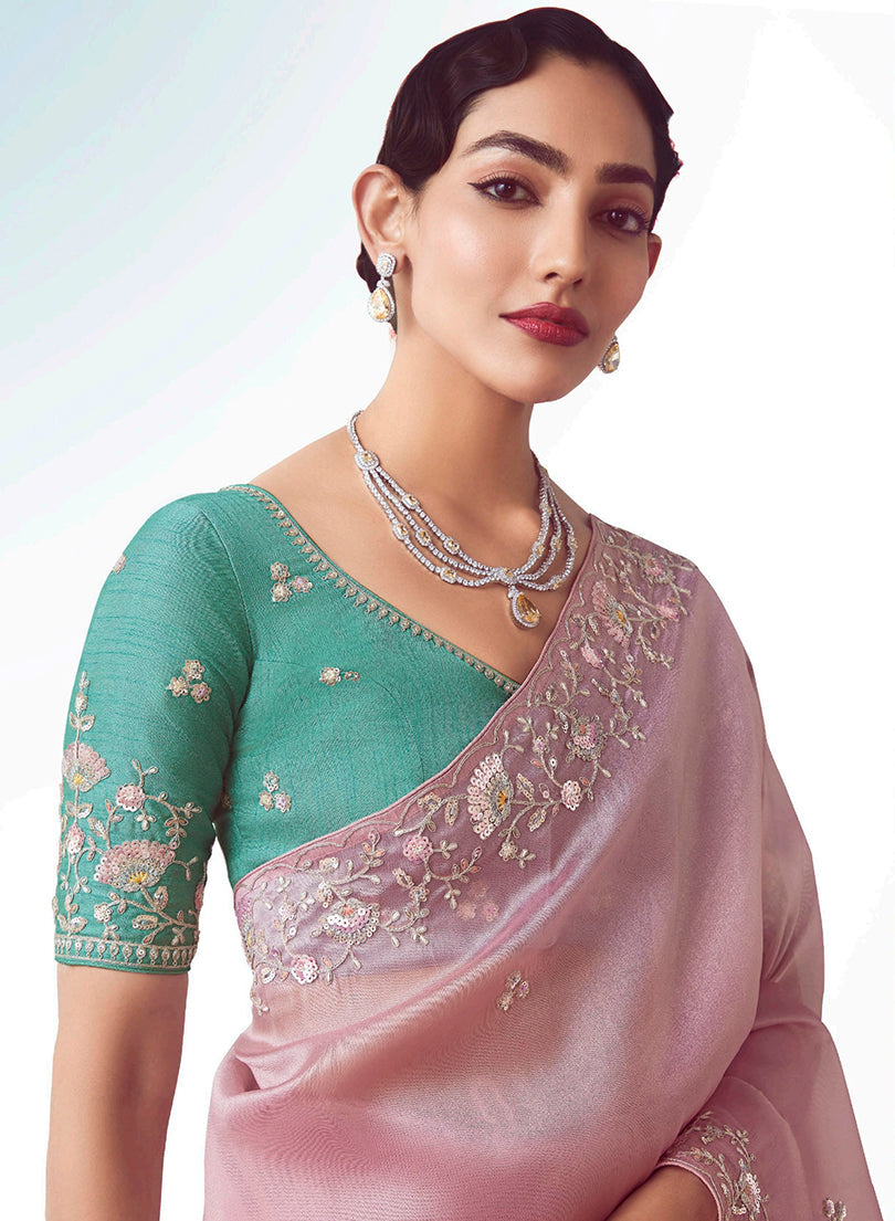 Monjolika Fashion Light Pink Embroidered Cut Work Fancy Fabric Ceremonial Designer Saree | Grocsy