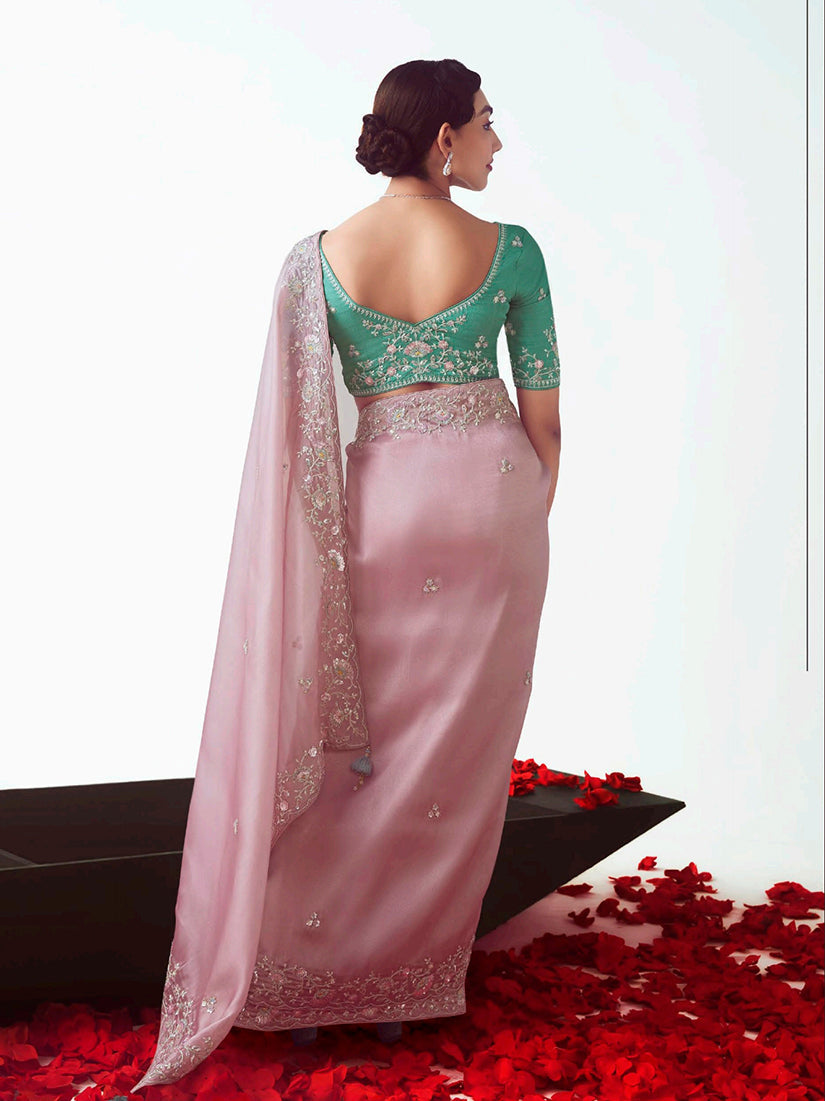 Monjolika Fashion Light Pink Embroidered Cut Work Fancy Fabric Ceremonial Designer Saree | Grocsy