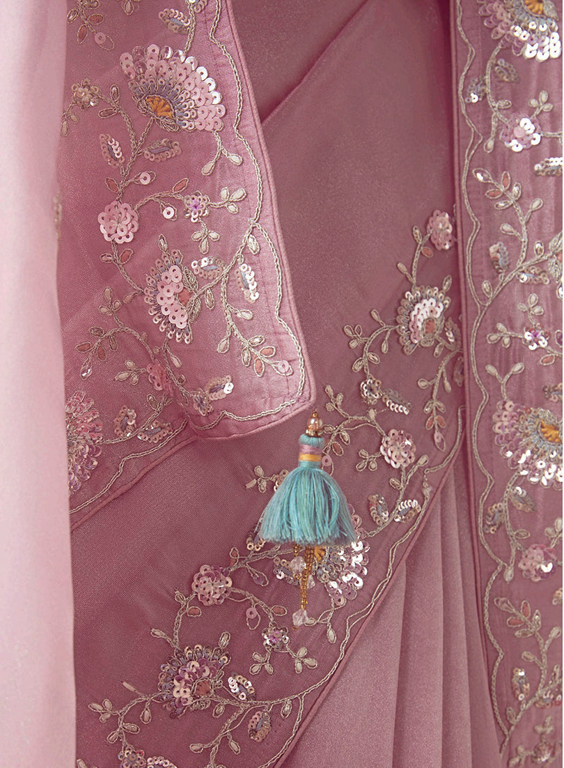 Monjolika Fashion Light Pink Embroidered Cut Work Fancy Fabric Ceremonial Designer Saree | Grocsy