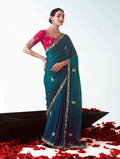 Monjolika Fashion Teal Embroidered Cut Work Fancy Fabric Ceremonial Designer Saree | Grocsy