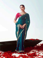 Monjolika Fashion Teal Embroidered Cut Work Fancy Fabric Ceremonial Designer Saree | Grocsy