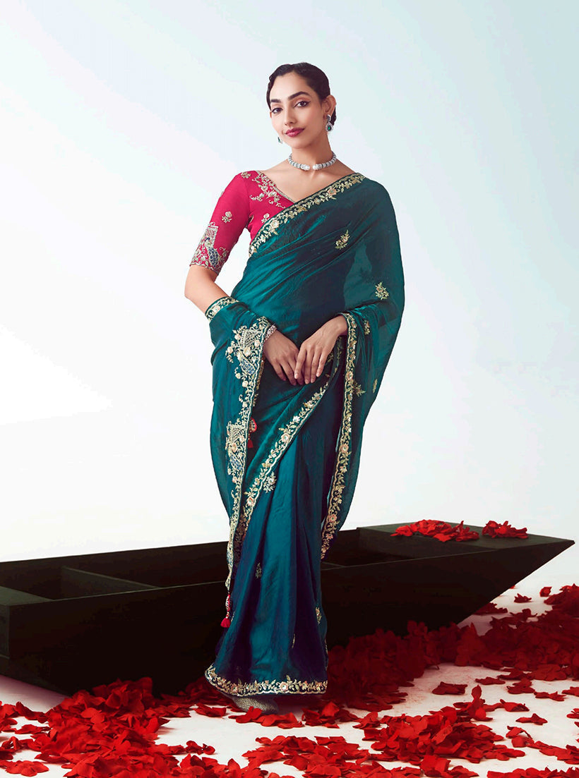Monjolika Fashion Teal Embroidered Cut Work Fancy Fabric Ceremonial Designer Saree | Grocsy