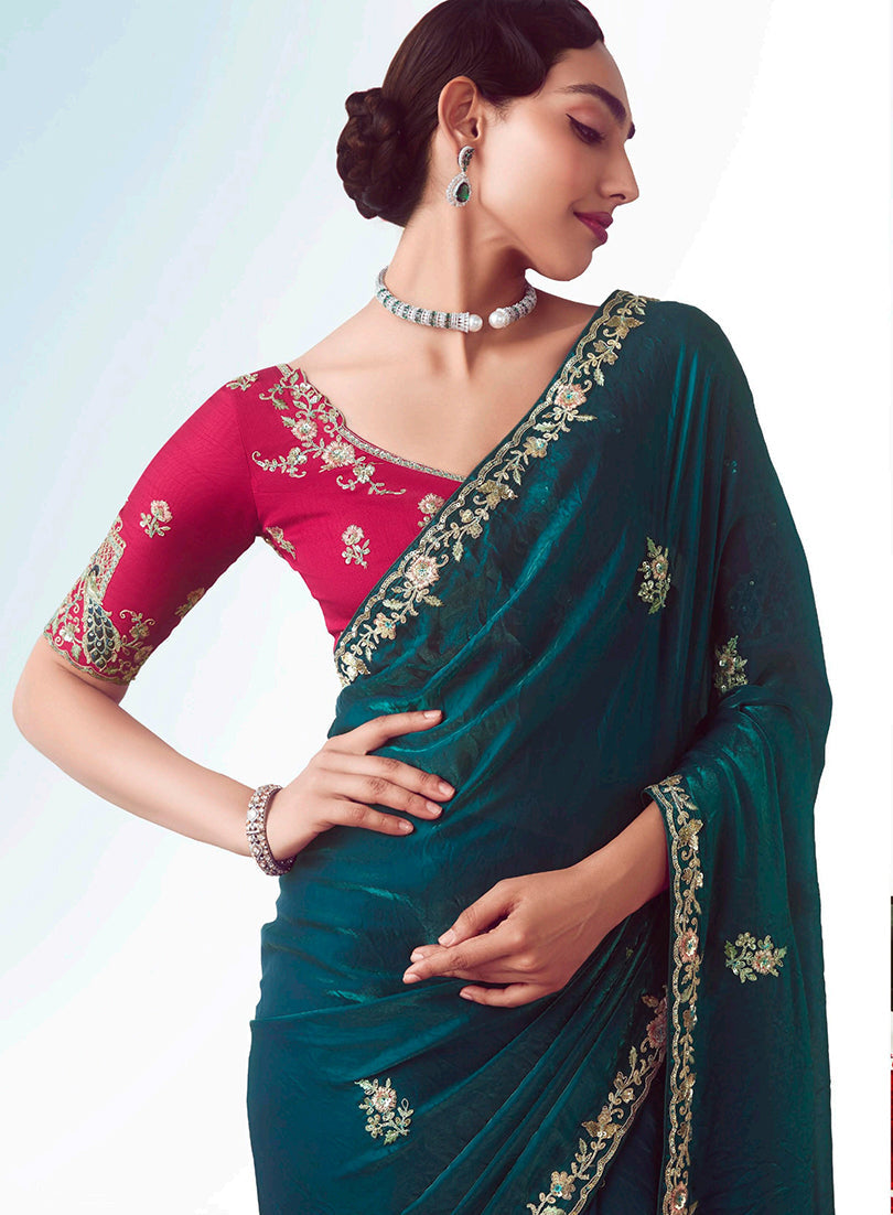 Monjolika Fashion Teal Embroidered Cut Work Fancy Fabric Ceremonial Designer Saree | Grocsy