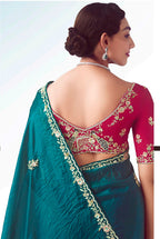 Monjolika Fashion Teal Embroidered Cut Work Fancy Fabric Ceremonial Designer Saree | Grocsy
