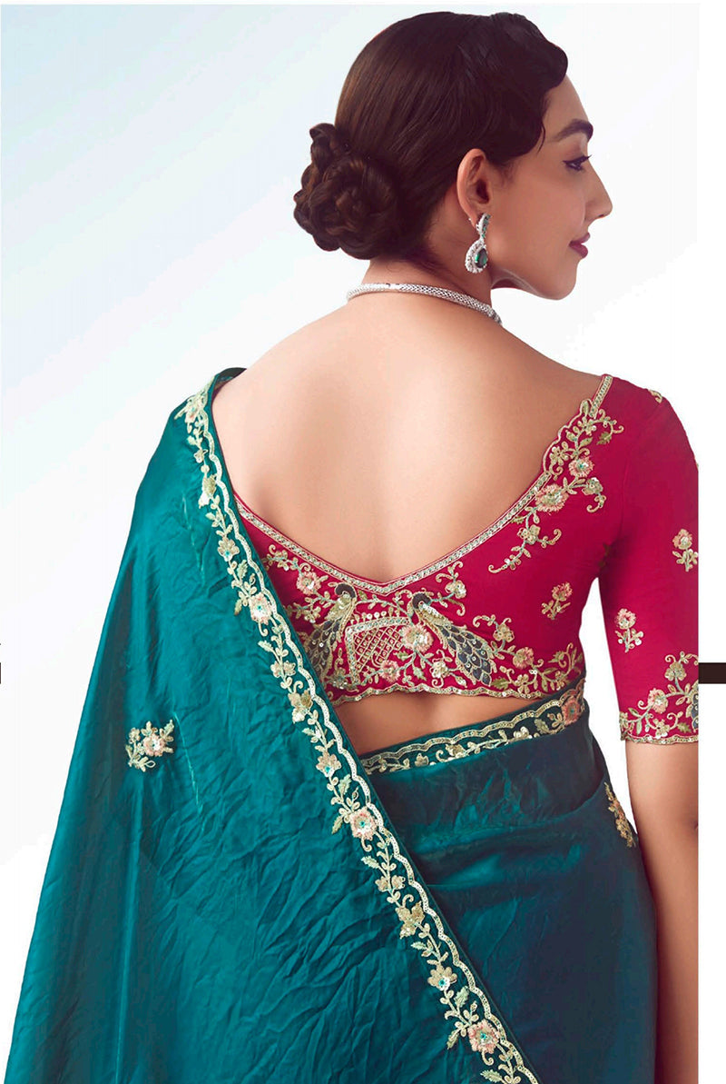 Monjolika Fashion Teal Embroidered Cut Work Fancy Fabric Ceremonial Designer Saree | Grocsy
