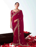 Monjolika Fashion Rani Pink Embroidered Cut Work Fancy Fabric Ceremonial Designer Saree | Grocsy