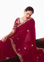 Monjolika Fashion Rani Pink Embroidered Cut Work Fancy Fabric Ceremonial Designer Saree | Grocsy