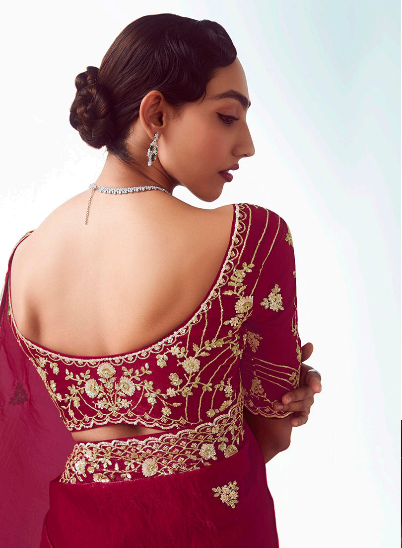 Monjolika Fashion Rani Pink Embroidered Cut Work Fancy Fabric Ceremonial Designer Saree | Grocsy