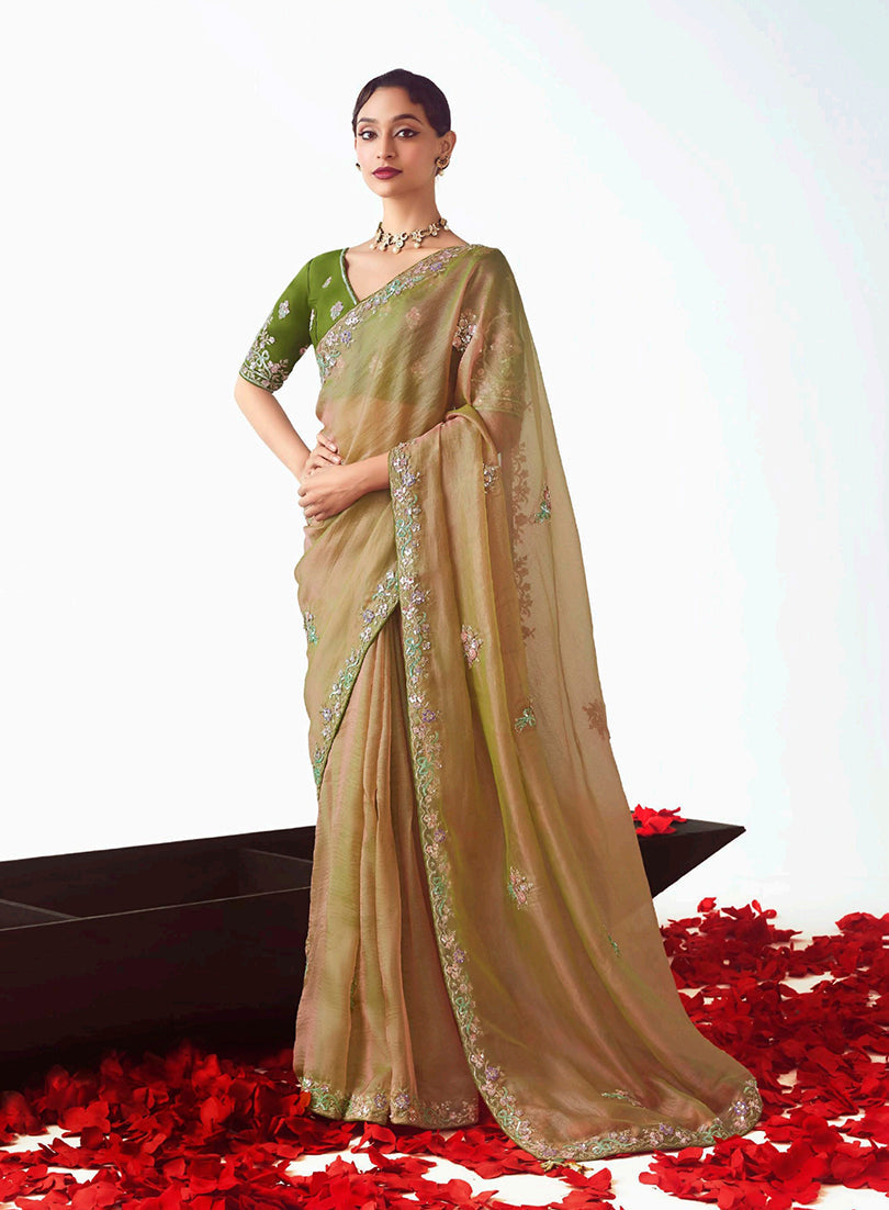 Monjolika Fashion Beige Embroidered Cut Work Fancy Fabric Ceremonial Designer Saree | Grocsy