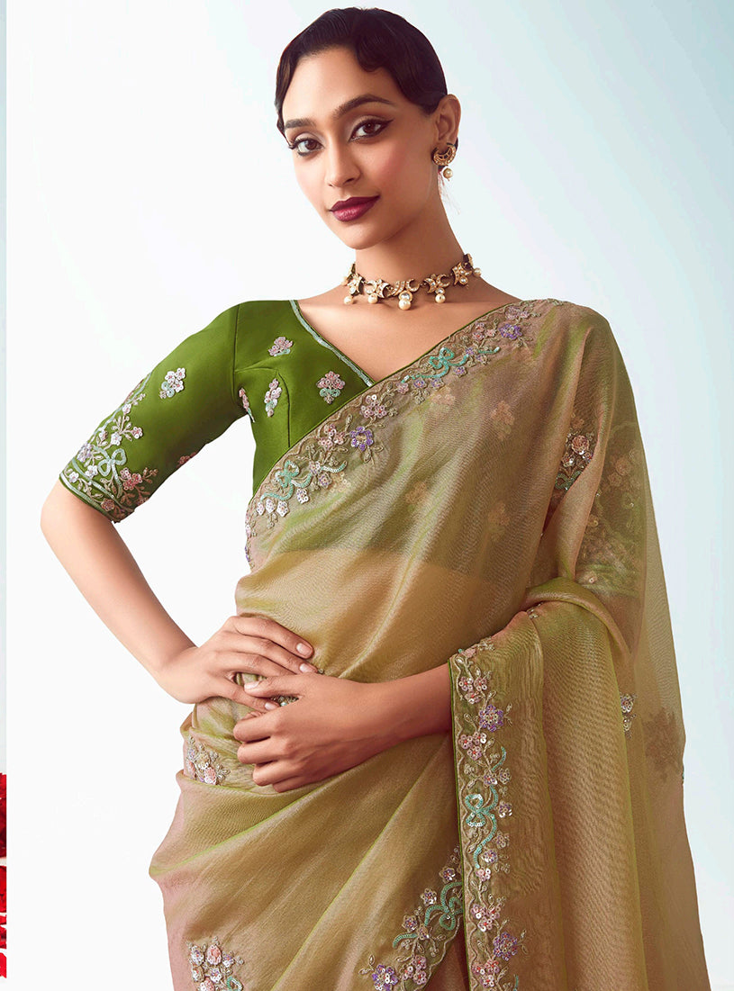 Monjolika Fashion Beige Embroidered Cut Work Fancy Fabric Ceremonial Designer Saree | Grocsy