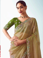 Monjolika Fashion Beige Embroidered Cut Work Fancy Fabric Ceremonial Designer Saree | Grocsy