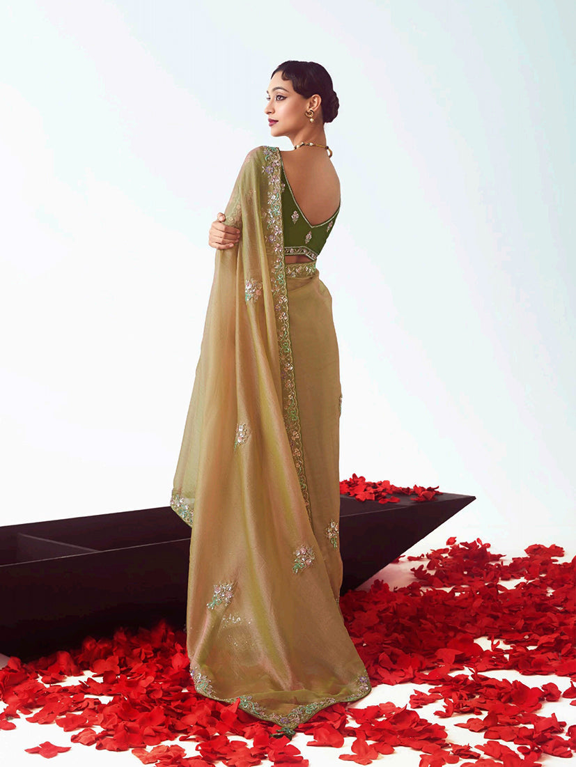 Monjolika Fashion Beige Embroidered Cut Work Fancy Fabric Ceremonial Designer Saree | Grocsy