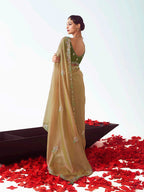 Monjolika Fashion Beige Embroidered Cut Work Fancy Fabric Ceremonial Designer Saree | Grocsy