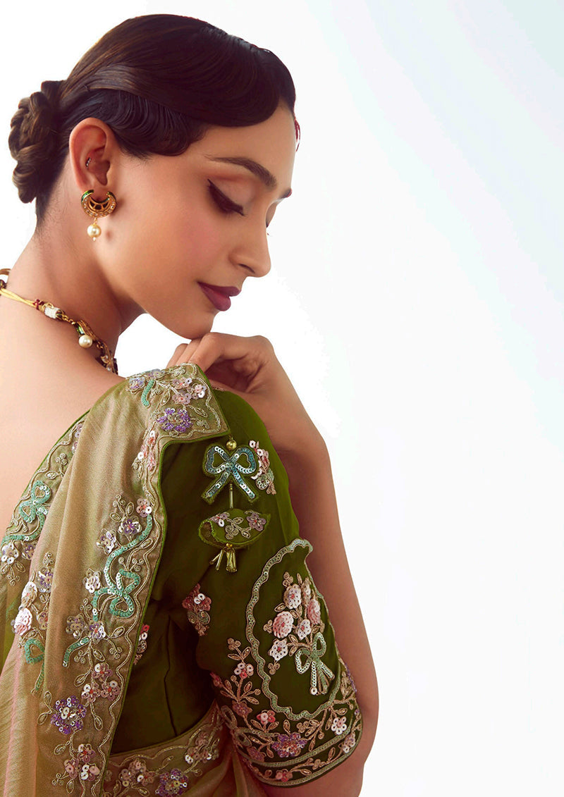 Monjolika Fashion Beige Embroidered Cut Work Fancy Fabric Ceremonial Designer Saree | Grocsy