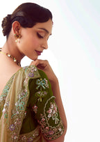 Monjolika Fashion Beige Embroidered Cut Work Fancy Fabric Ceremonial Designer Saree | Grocsy