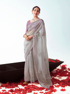 Monjolika Fashion Grey Embroidered Cut Work Fancy Fabric Ceremonial Designer Saree | Grocsy