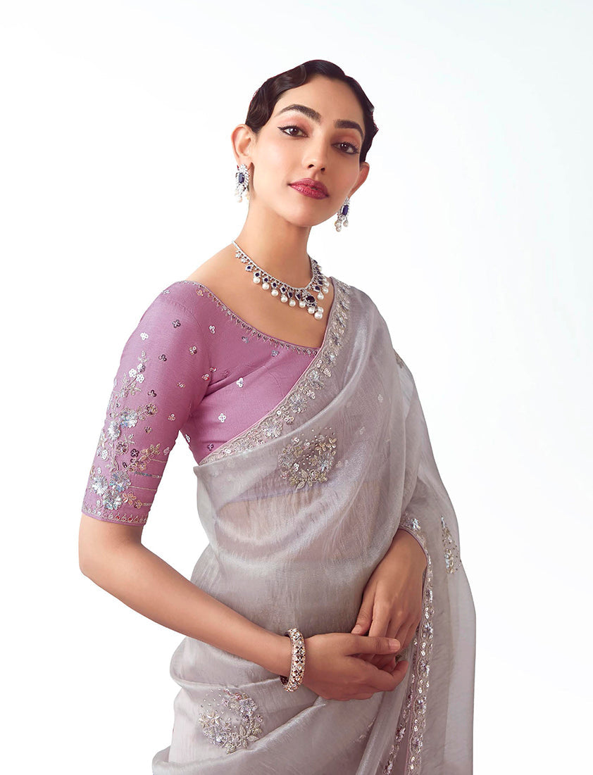 Monjolika Fashion Grey Embroidered Cut Work Fancy Fabric Ceremonial Designer Saree | Grocsy