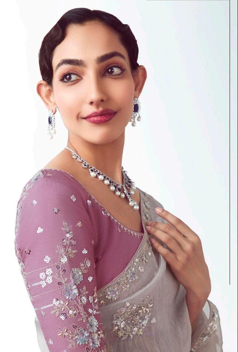 Monjolika Fashion Grey Embroidered Cut Work Fancy Fabric Ceremonial Designer Saree | Grocsy