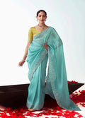 Monjolika Fashion Aqua Blue Embroidered Cut Work Fancy Fabric Ceremonial Designer Saree | Grocsy