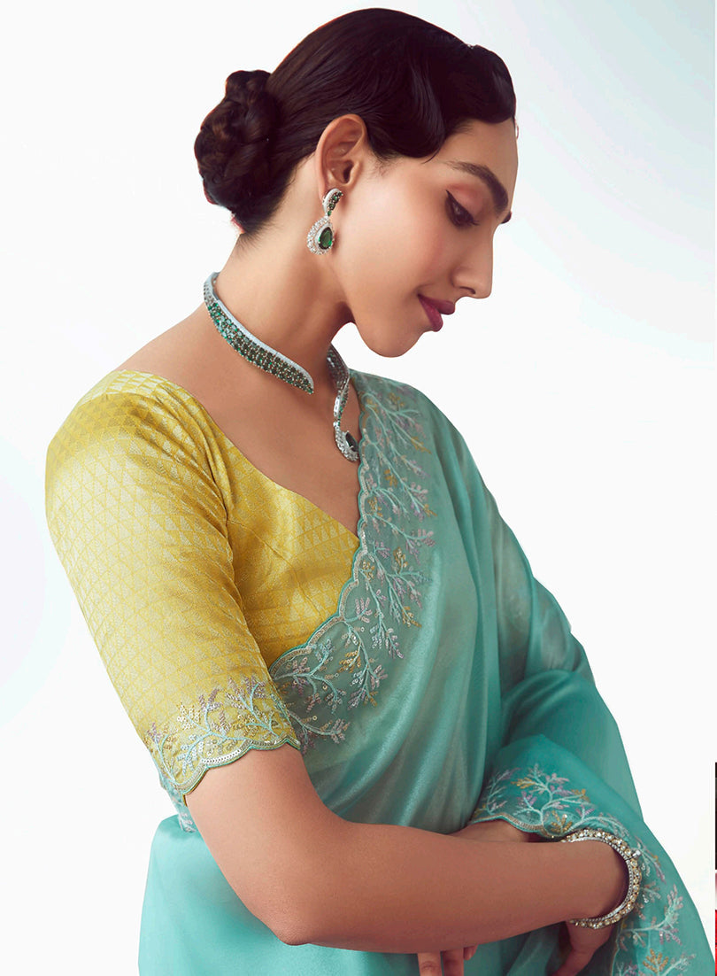 Monjolika Fashion Aqua Blue Embroidered Cut Work Fancy Fabric Ceremonial Designer Saree | Grocsy