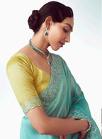 Monjolika Fashion Aqua Blue Embroidered Cut Work Fancy Fabric Ceremonial Designer Saree | Grocsy