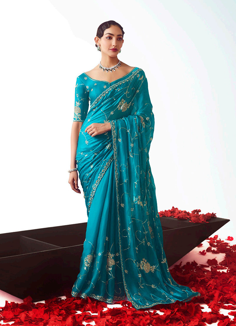 Monjolika Fashion Turquoise Blue Embroidered Cut Work Fancy Fabric Ceremonial Designer Saree | Grocsy