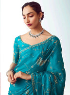 Monjolika Fashion Turquoise Blue Embroidered Cut Work Fancy Fabric Ceremonial Designer Saree | Grocsy