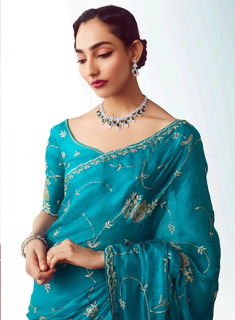 Monjolika Fashion Turquoise Blue Embroidered Cut Work Fancy Fabric Ceremonial Designer Saree | Grocsy