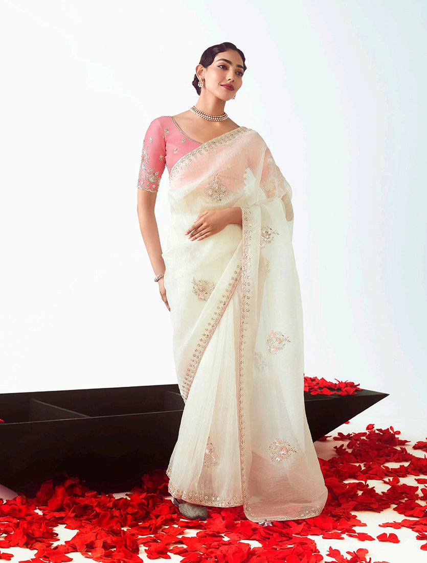 Monjolika Fashion White Embroidered Cut Work Fancy Fabric Ceremonial Designer Saree | Grocsy