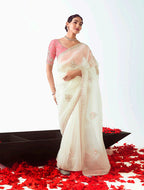 Monjolika Fashion White Embroidered Cut Work Fancy Fabric Ceremonial Designer Saree | Grocsy