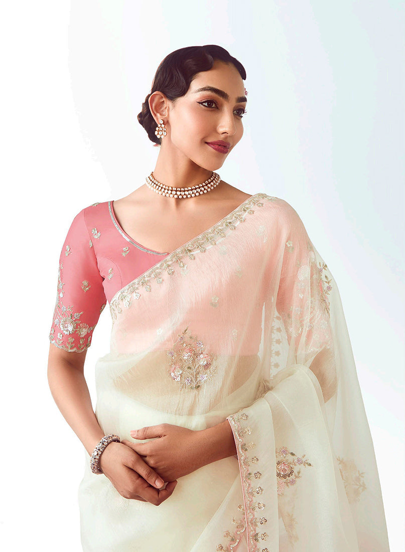 Monjolika Fashion White Embroidered Cut Work Fancy Fabric Ceremonial Designer Saree | Grocsy