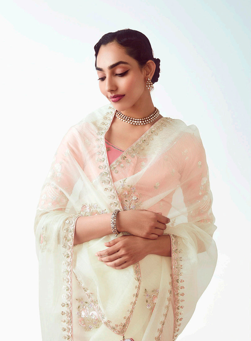 Monjolika Fashion White Embroidered Cut Work Fancy Fabric Ceremonial Designer Saree | Grocsy