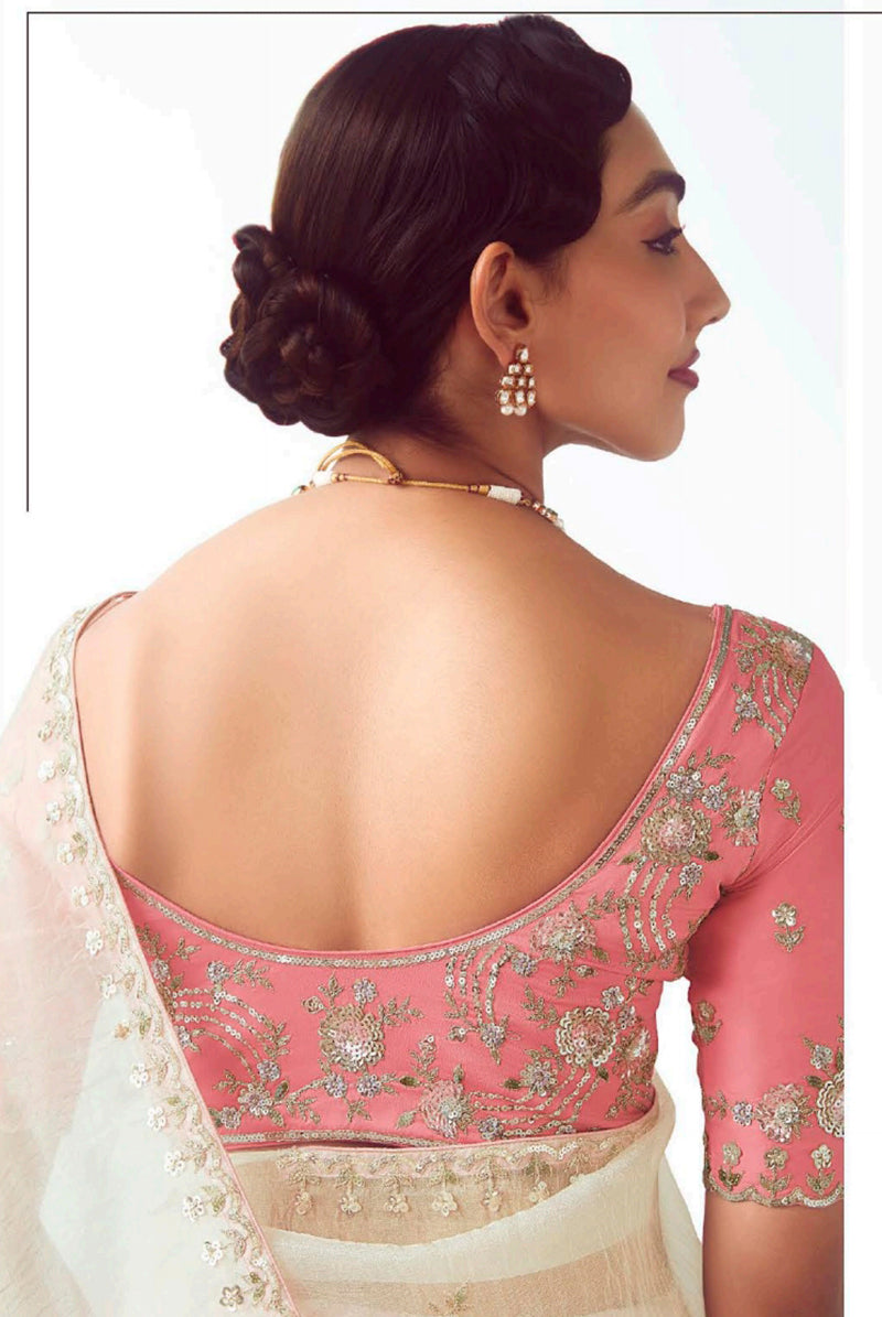 Monjolika Fashion White Embroidered Cut Work Fancy Fabric Ceremonial Designer Saree | Grocsy