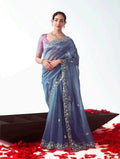 Monjolika Fashion Light Indigo Embroidered Cut Work Fancy Fabric Ceremonial Designer Saree | Grocsy