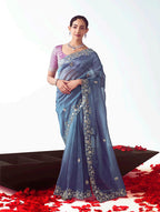 Monjolika Fashion Light Indigo Embroidered Cut Work Fancy Fabric Ceremonial Designer Saree | Grocsy