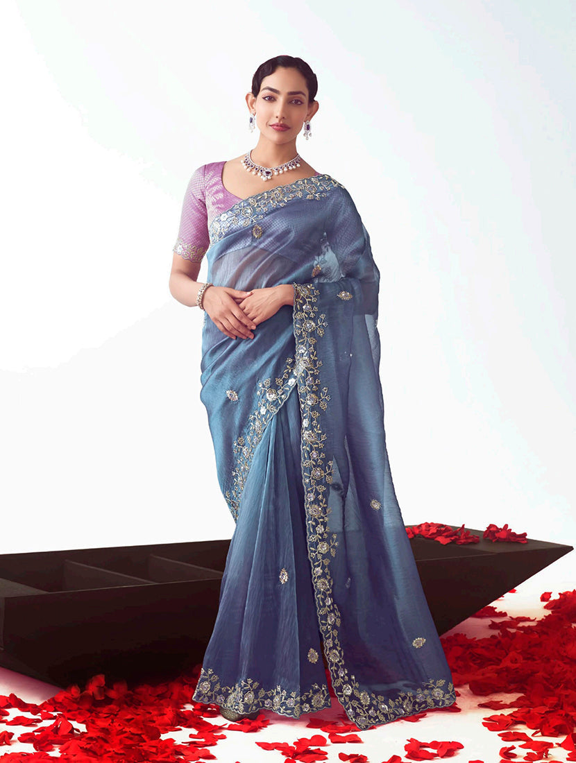 Monjolika Fashion Light Indigo Embroidered Cut Work Fancy Fabric Ceremonial Designer Saree | Grocsy