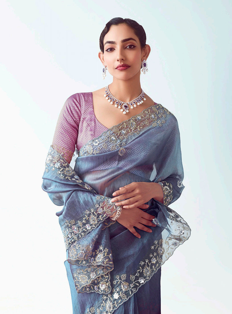 Monjolika Fashion Light Indigo Embroidered Cut Work Fancy Fabric Ceremonial Designer Saree | Grocsy