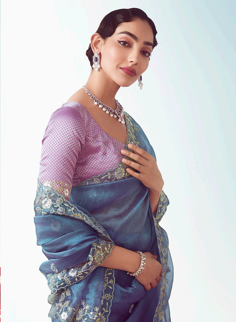 Monjolika Fashion Light Indigo Embroidered Cut Work Fancy Fabric Ceremonial Designer Saree | Grocsy