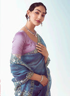Monjolika Fashion Light Indigo Embroidered Cut Work Fancy Fabric Ceremonial Designer Saree | Grocsy