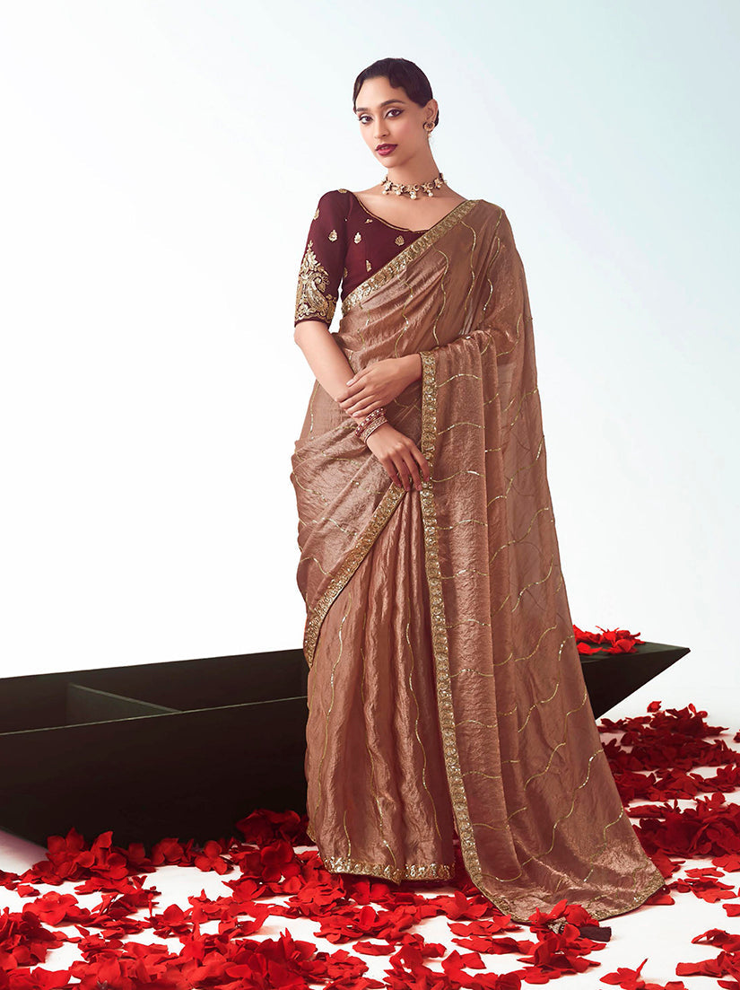 Monjolika Fashion Brown Embroidered Cut Work Fancy Fabric Ceremonial Designer Saree | Grocsy