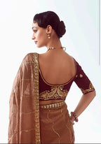 Monjolika Fashion Brown Embroidered Cut Work Fancy Fabric Ceremonial Designer Saree | Grocsy