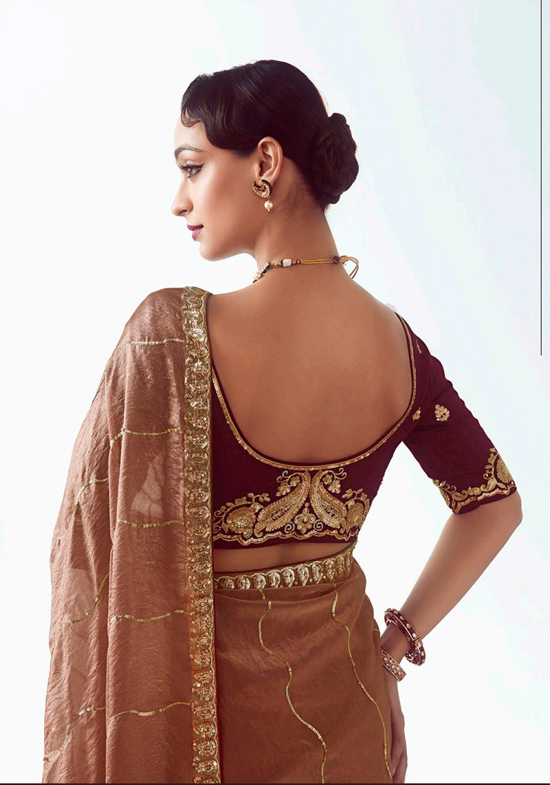 Monjolika Fashion Brown Embroidered Cut Work Fancy Fabric Ceremonial Designer Saree | Grocsy