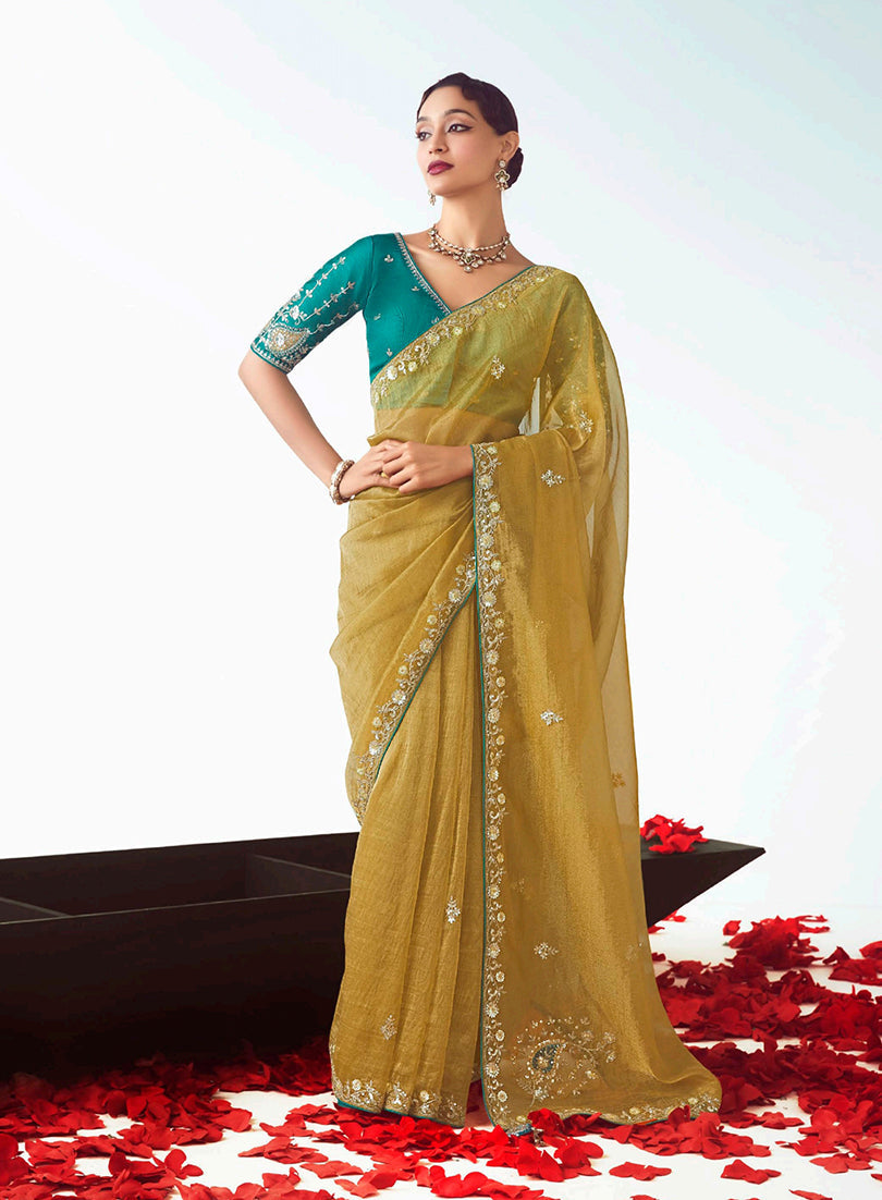 Monjolika Fashion Olive Embroidered Cut Work Fancy Fabric Ceremonial Designer Saree | Grocsy