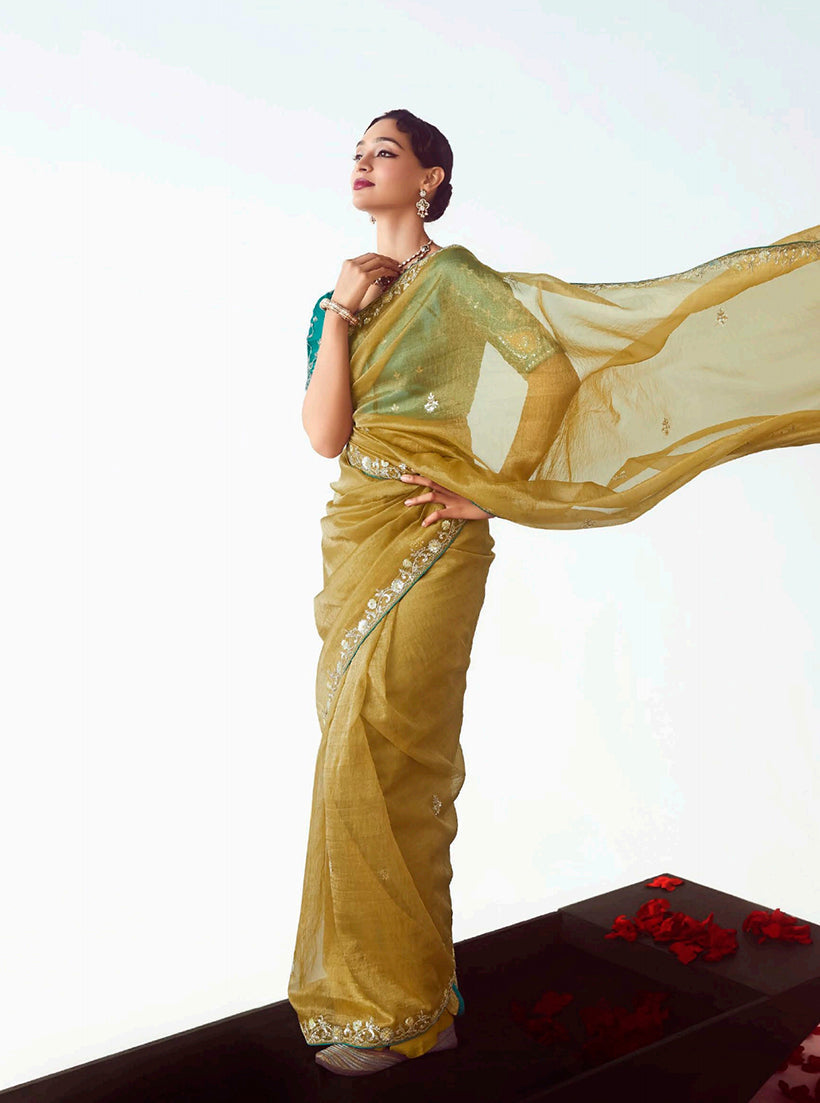 Monjolika Fashion Olive Embroidered Cut Work Fancy Fabric Ceremonial Designer Saree | Grocsy