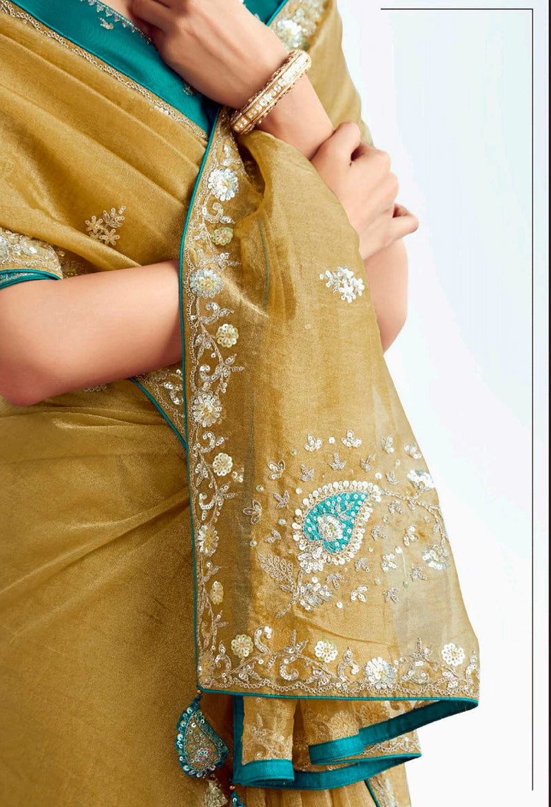 Monjolika Fashion Olive Embroidered Cut Work Fancy Fabric Ceremonial Designer Saree | Grocsy
