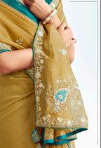Monjolika Fashion Olive Embroidered Cut Work Fancy Fabric Ceremonial Designer Saree | Grocsy