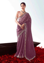 Monjolika Fashion Onion Pink Embroidered Cut Work Fancy Fabric Ceremonial Designer Saree | Grocsy