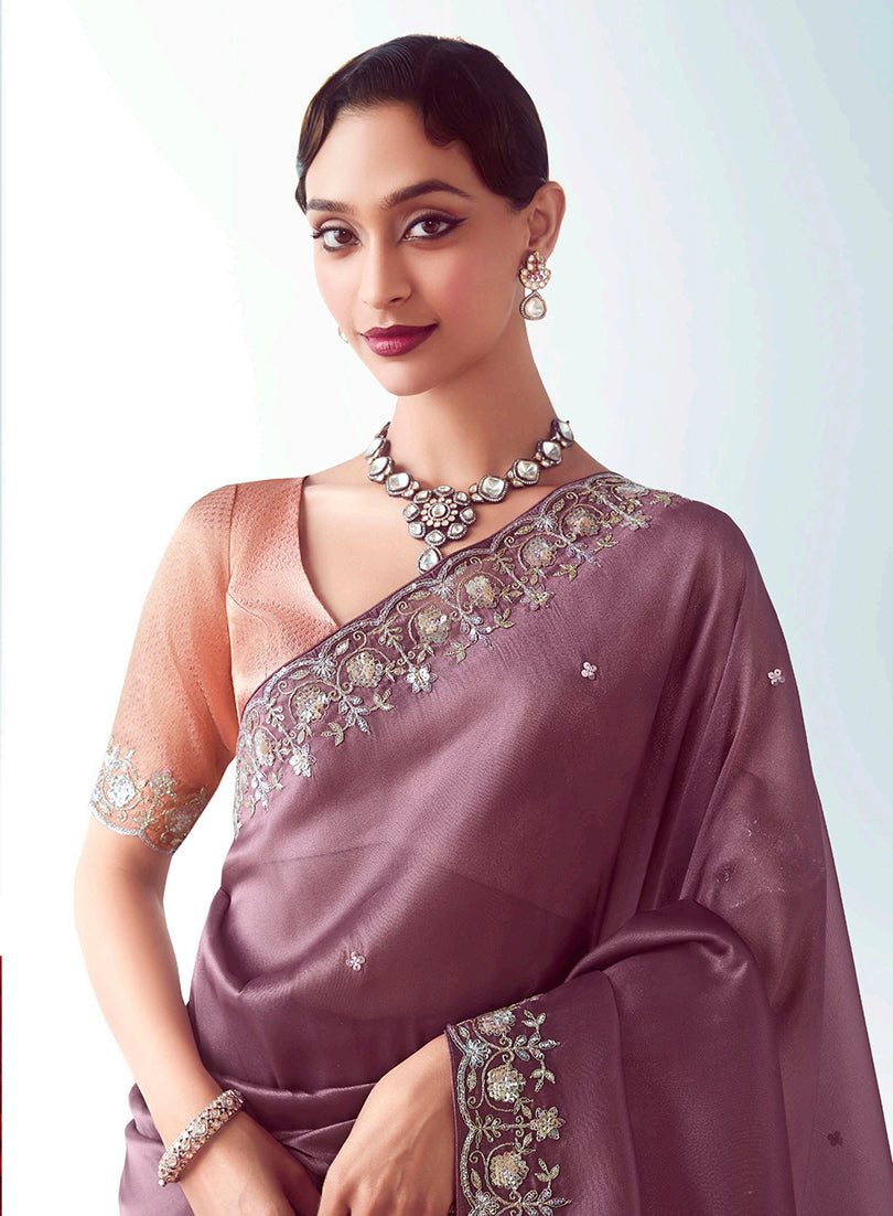 Monjolika Fashion Onion Pink Embroidered Cut Work Fancy Fabric Ceremonial Designer Saree | Grocsy