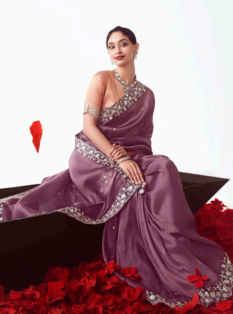 Monjolika Fashion Onion Pink Embroidered Cut Work Fancy Fabric Ceremonial Designer Saree | Grocsy