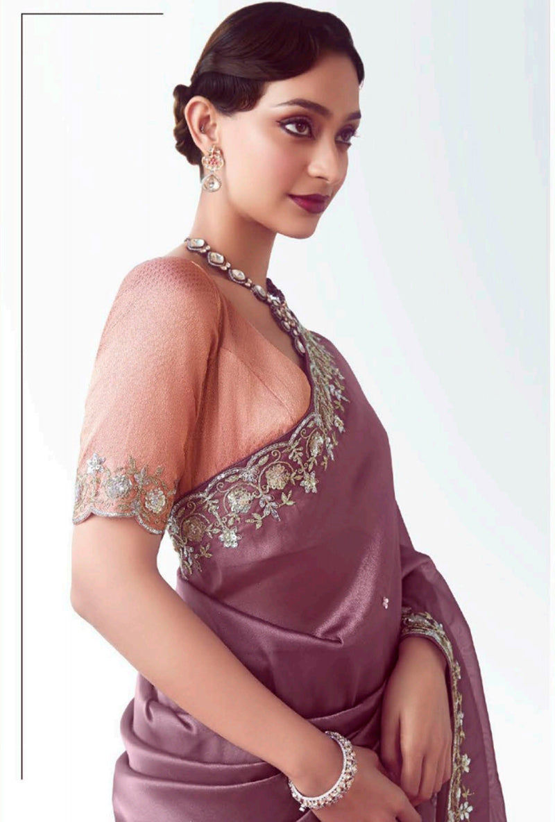 Monjolika Fashion Onion Pink Embroidered Cut Work Fancy Fabric Ceremonial Designer Saree | Grocsy